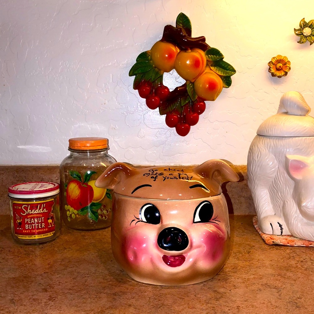 1950’s Handpainted Ceramic PIG Cookie Jar “Go Ahead & Make a Pig Of Yourself”